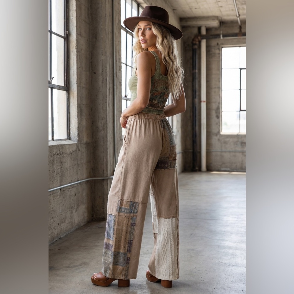 NWT J. Her Patchwork Cable Knit Bandana Boho Print Mixed Media Wide Leg Pants - Picture 2 of 13